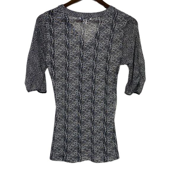 CAbi Leopard Sheer Gathered Placket Ruched Blouse Half Sleeve M Black White - Picture 6 of 15